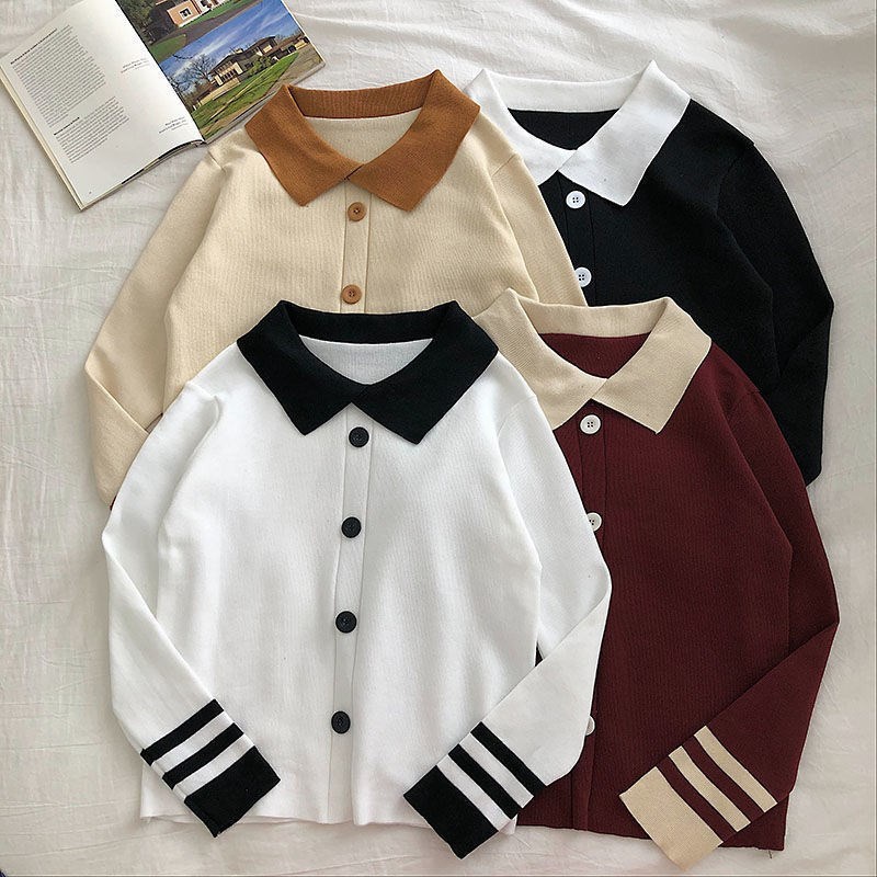 Áo khoác cardigan dệt kim cổ bẻ tay dài dáng rộng kẻ sọc thời trang mùa thu cho nữ