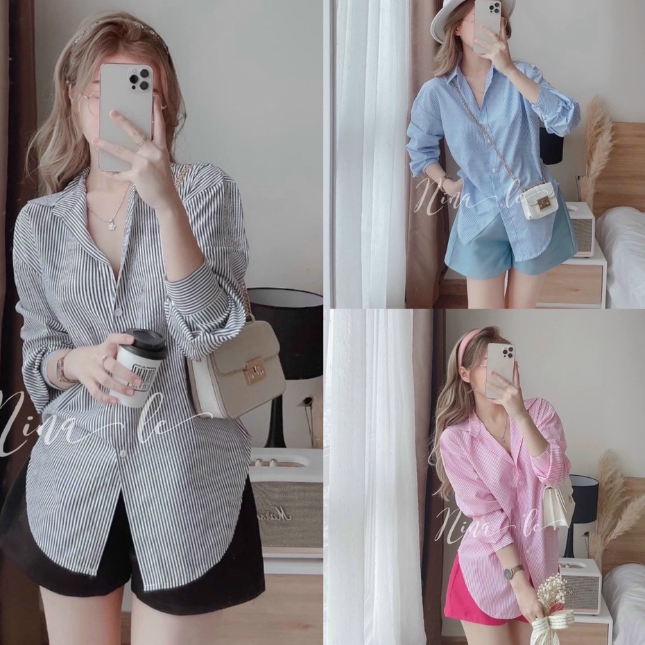 Sét bộ đi chơi ,áo kẻ tay dài cổ v ,quần cộc cho nàng dạo phố