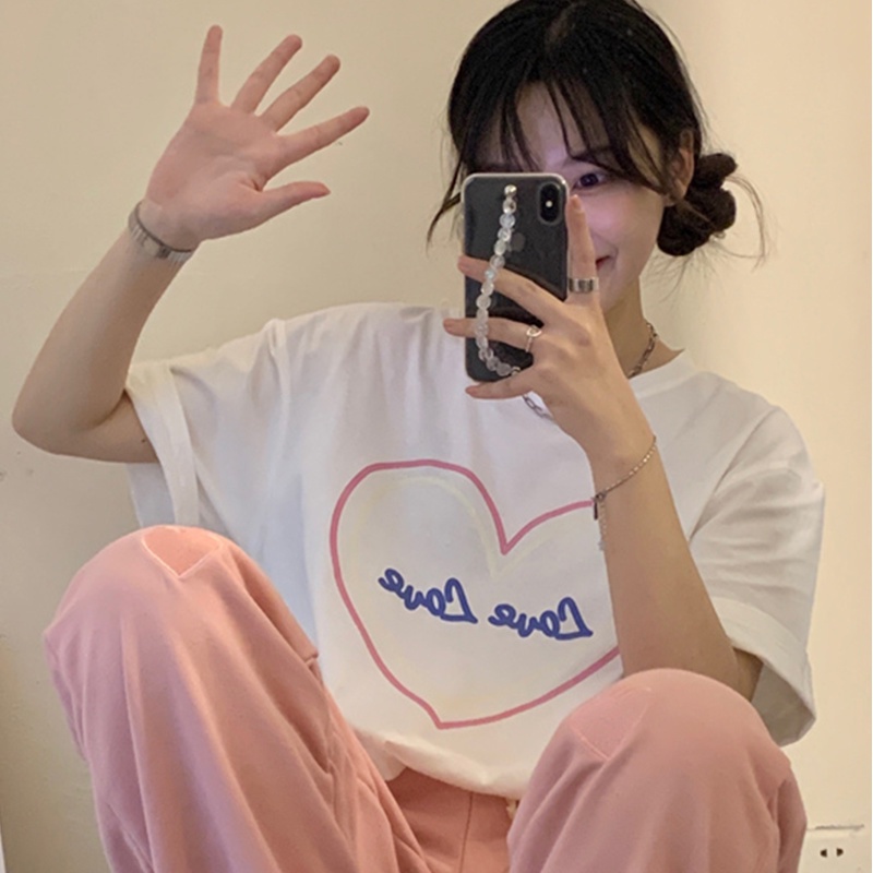 Áo thun Cotton tay ngắn dáng rộng in chữ thời trang mùa hè cho nữ