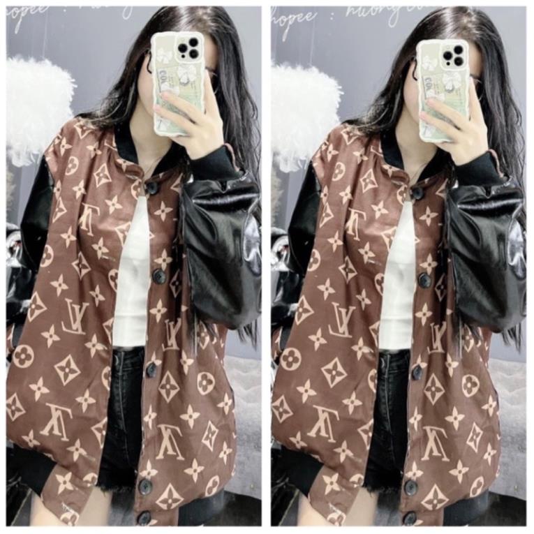 [Xả kho] Áo Khoác Bomber L.V Kaki Nỉ Mềm Phối Tay Da Unisex
