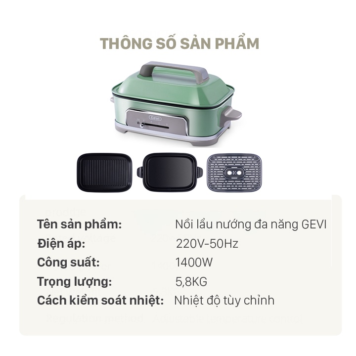 Bếp Nướng Điện, Nồi Lẩu, Hấp Đa Năng 3Lít GEVI công suất 1400W- Khay nướng chống dính - BH 12 Tháng Chính Hãng