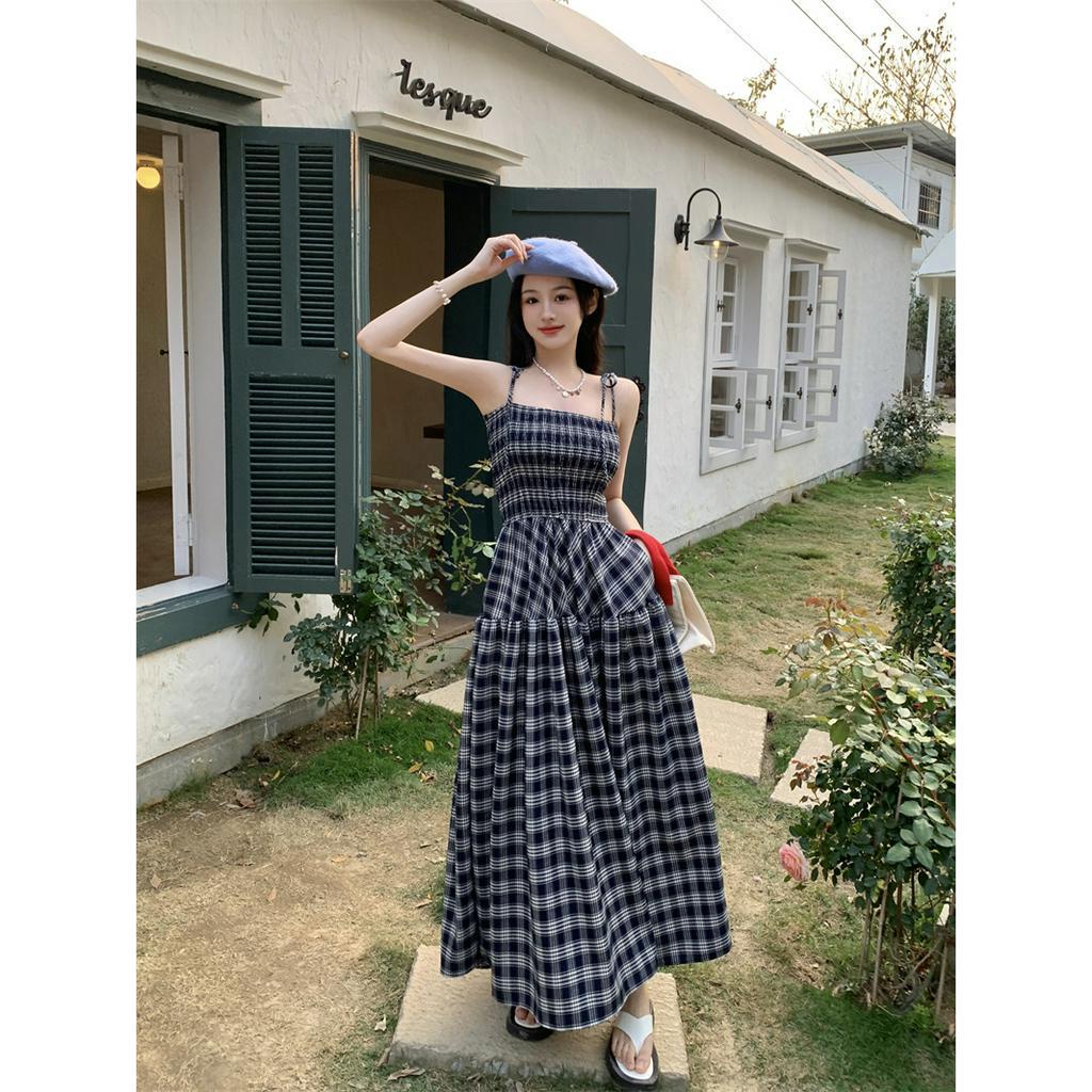 「 WELOVE1 」Đầm Midi Hai Dây Dáng Vừa Kẻ Sọc Caro Nhiều Màu Phong Cách Pháp Cho Nữ