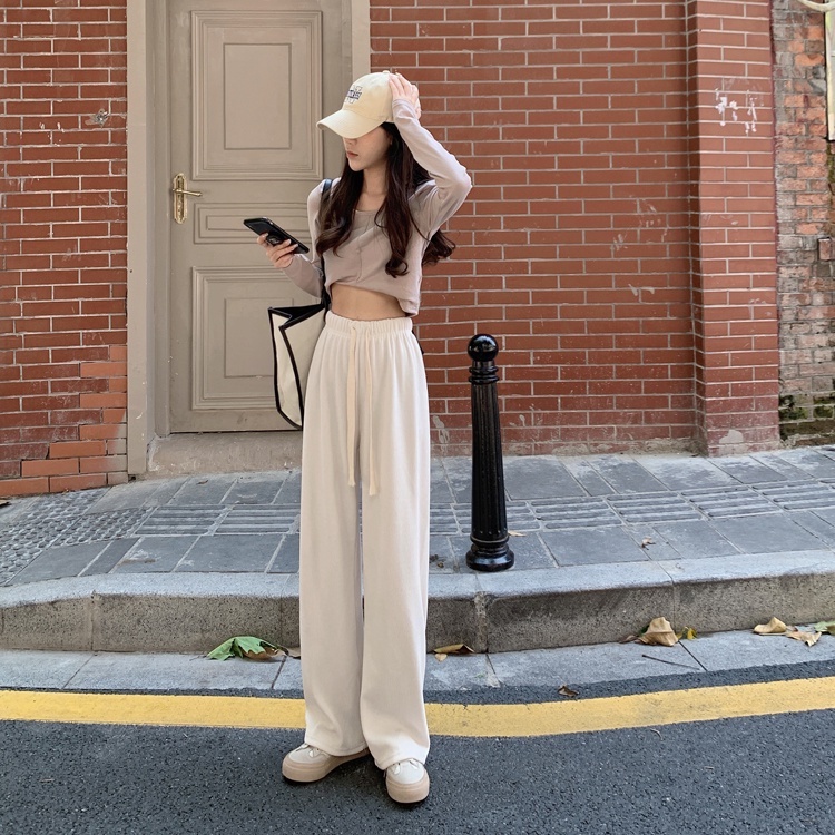 QADCOL Quần dài QADCOL lưng cao ống rộng màu trơn phối dây rút thời trang cá tính cho nữ