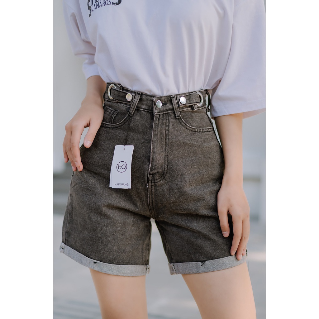 Quần short nữ haiquang Quần short jean nữ cạp cao màu xám đai khuyên -Mã Short HQ02