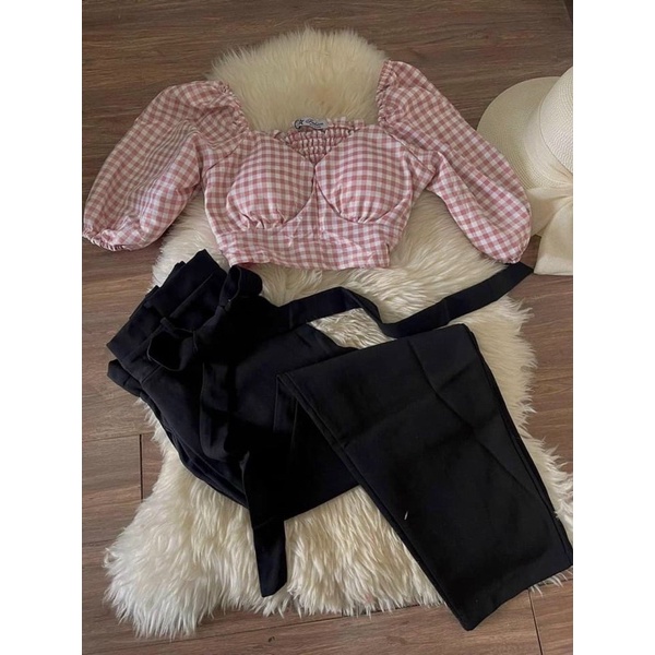 [Shop bigsize nữ 50kg-90kg] Set áo caro mix quần baggy xếp eo siêu dễ thương