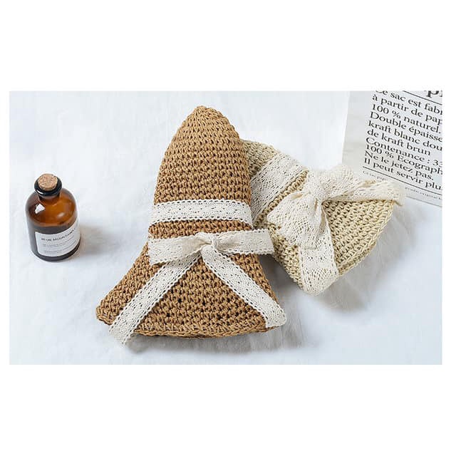 Mũ cói Vintage đi biển vành rộng cột dây ren trắng