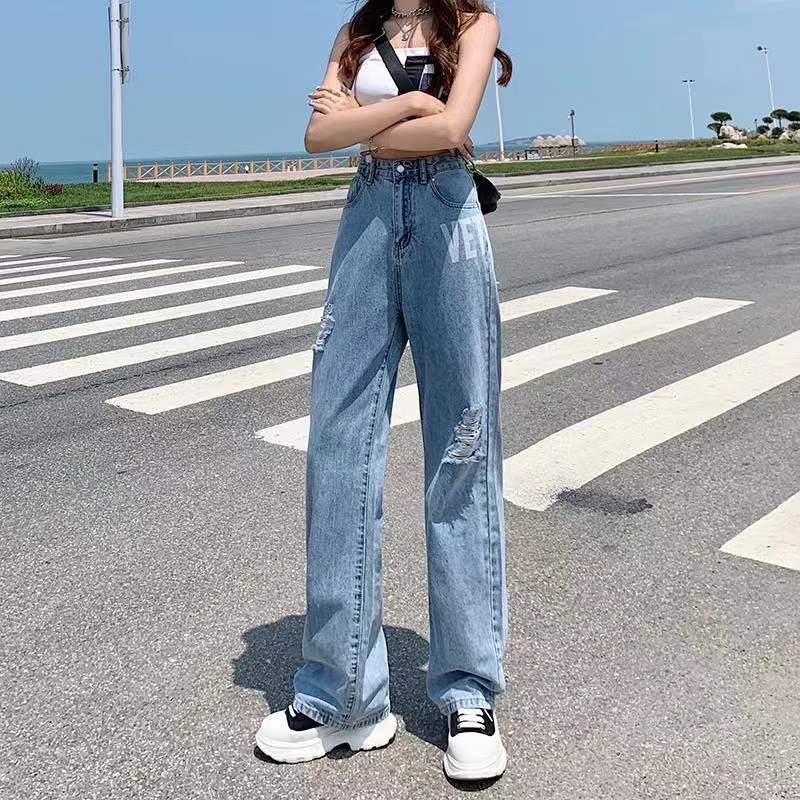 Quần Jeans Nữ Lưng Cao Ống Rộng Rách Gối Thời Trang Hàn Quốc