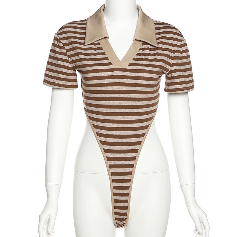 Bộ Áo Liền Quần Ngắn Tay Cổ Chữ V Họa Tiết Kẻ Sọc Phong Cách Đường Phố | BigBuy360 - bigbuy360.vn