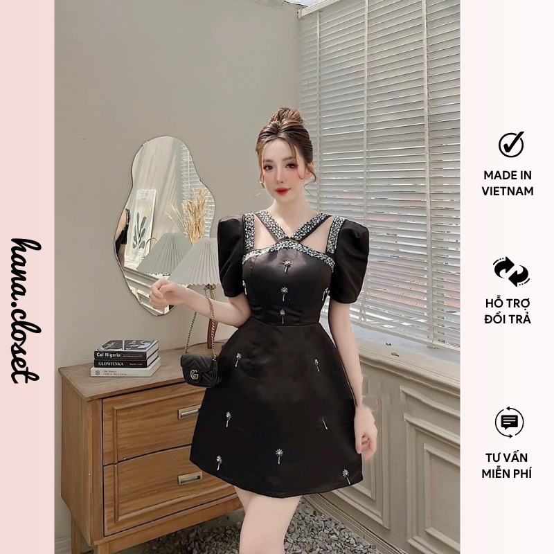 Đầm dự tiệc váy dự tiệc đen dây chéo phù hợp đi dự tiệc đi đám cưới tôn dáng sang chảnh