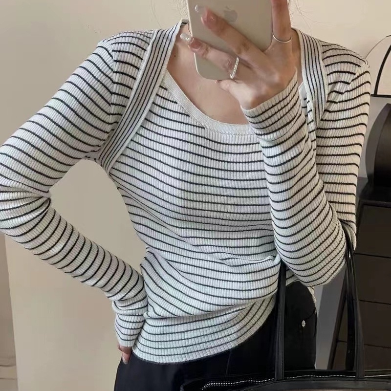 SUXI Áo Sweater Dệt Kim Tay Dài Dáng Ôm Kẻ Sọc Kiểu Vintage Thời Trang Mùa Thu Cho Nữ