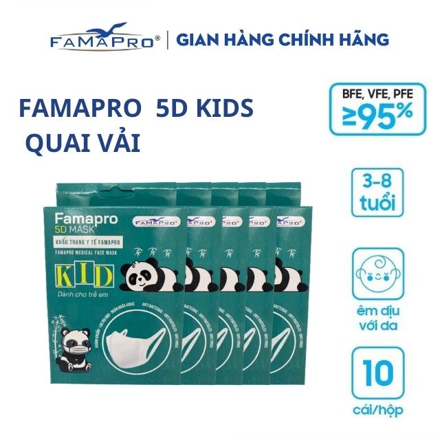 [5D MASK KID QUAI VẢI COMBO 5 HỘP 10 CÁI] Khẩu trang y tế trẻ em kháng khuẩn 3 lớp Famapro