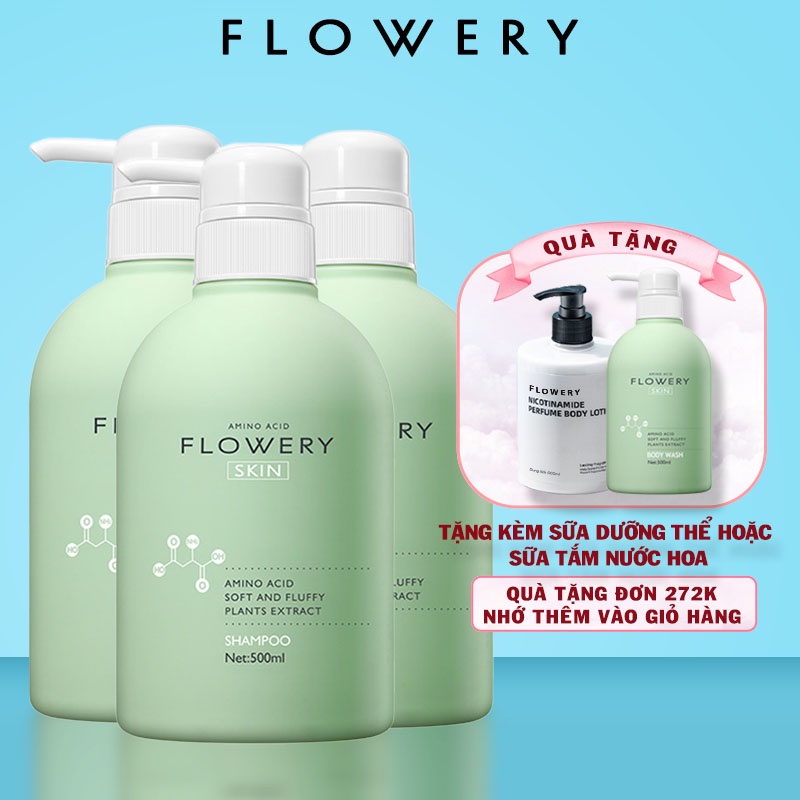 Combo sữa tắm, dầu gội, dầu xả muối biển Flowery 500ml