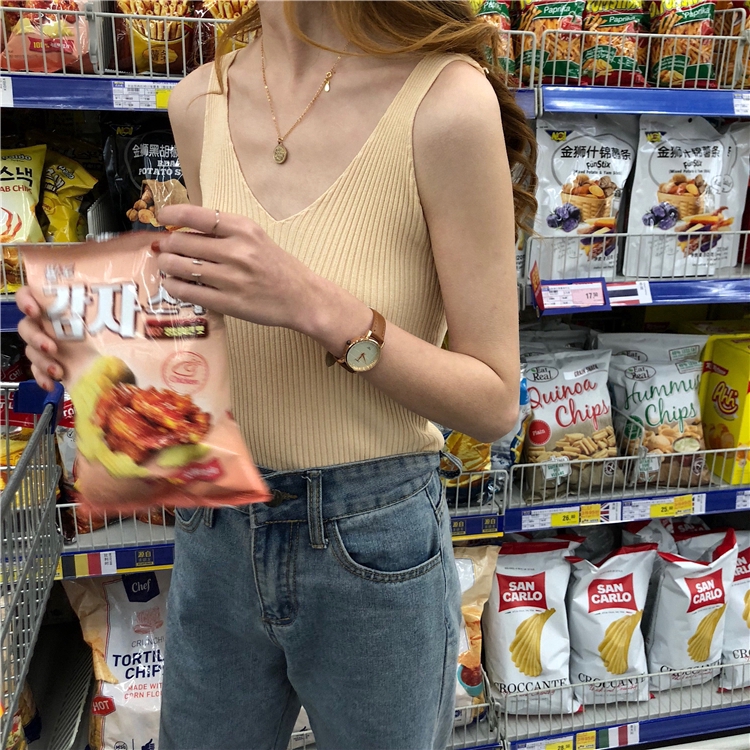 IELGY    Áo Tank Top Dệt Kim Cổ Chữ V Dáng Ôm Phong Cách Cổ Điển Thời Trang Cho Nữ