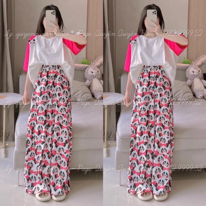 Set áo cotton phối tay hồng đính ghim gấu trúc quần suông gân T4