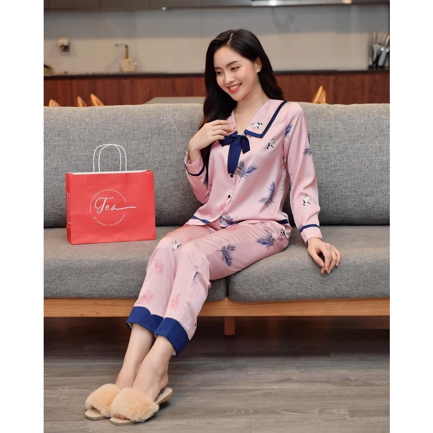 Bộ Mặc Nhà Pyjama Lụa Cao Cấp Tea Store Tay Dài Quần Dài Họa Tiết Nơ Cổ Xinh Xăn | BigBuy360 - bigbuy360.vn