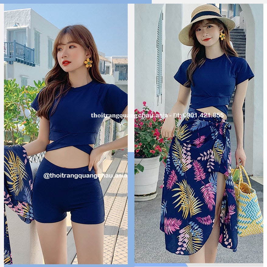 Đồ Bơi, Set bikini 3 mảnh, áo+quần kèm Váy choàng #028107 nữ tính