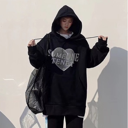 Áo Hoodie Dáng Rộng In Chữ Và Trái Tim Xinh Xắn Dễ Phối Đồ