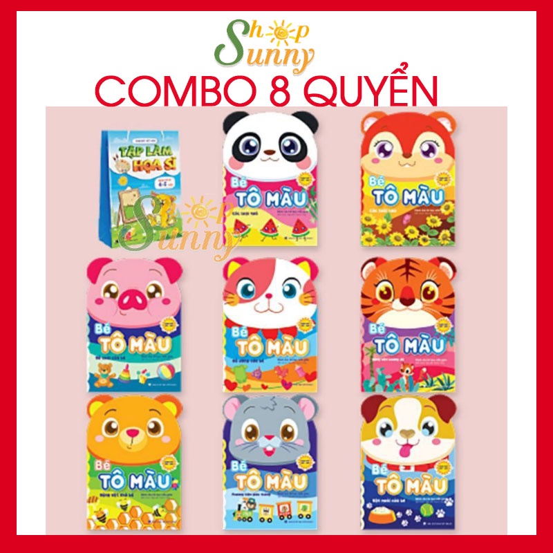 Tặng kèm Túi- Bộ 8 quyển tô màu tập vẽ cho bé, hình vẽ lớn với nhiều chủ đề song ngữ anh- việt- Sunny Shop