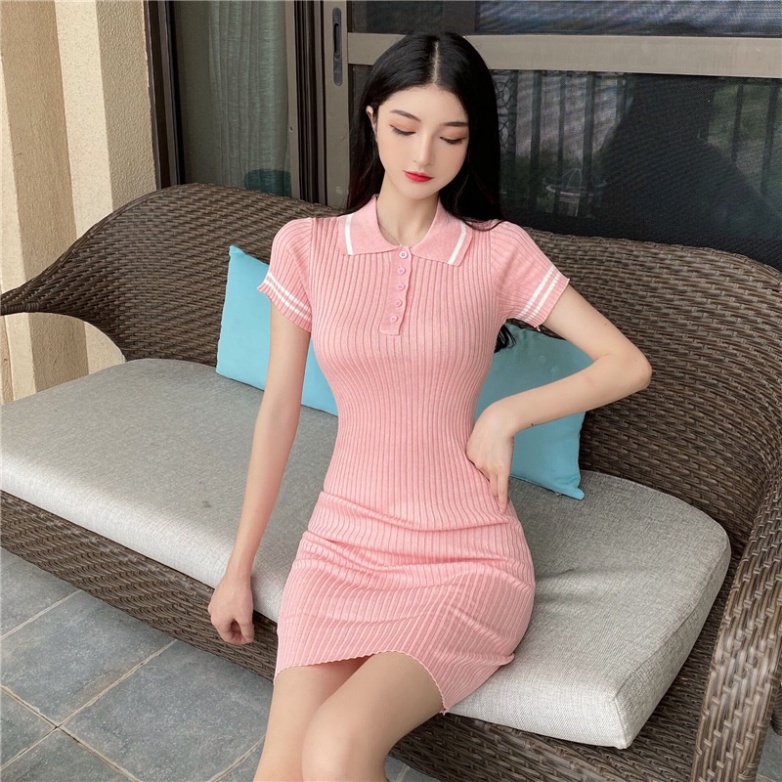 Váy body đầm dáng ôm dài sexy cổ đức trơn polo LUHAZO cổ v ulzzang Hàn quốc  S5T5-1