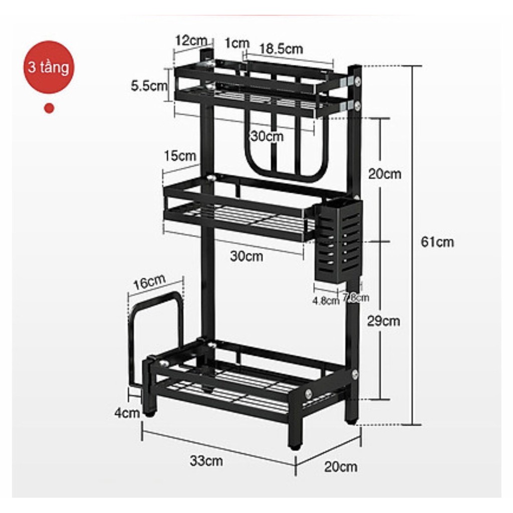 Kệ Gia Vị ĐA NĂNG 2 TẦNG 100% inox sơn tĩnh màu đen chắc chắn có chỗ để cài dao thớt để đũa móc treo