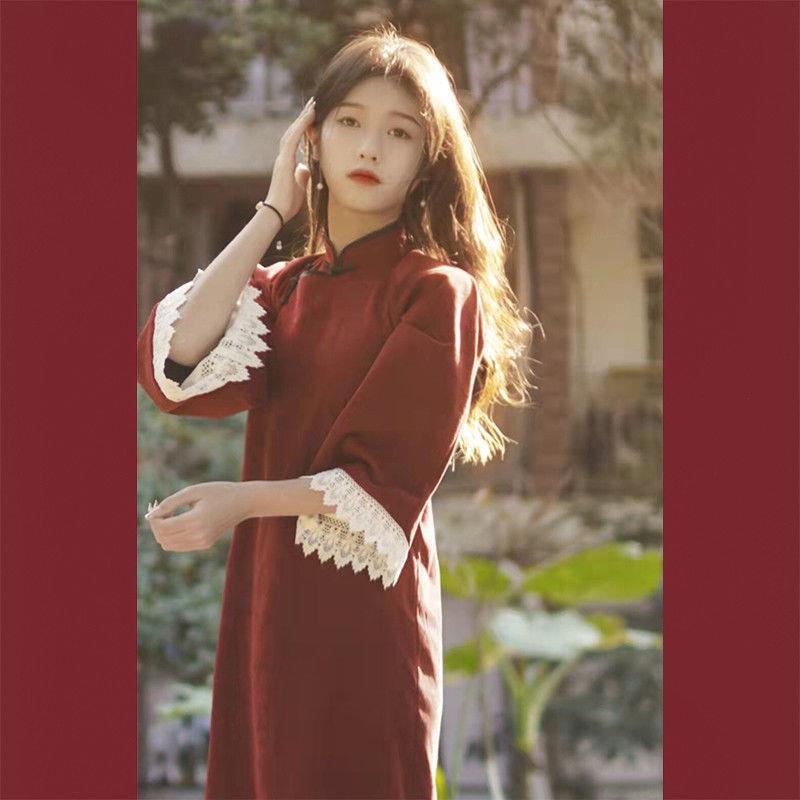 Zodiac Acacia Đầm Sườn Xám Cách Tân Tay Rộng Màu Đỏ Phong Cách Retro Trung Hoa Cho Nữ