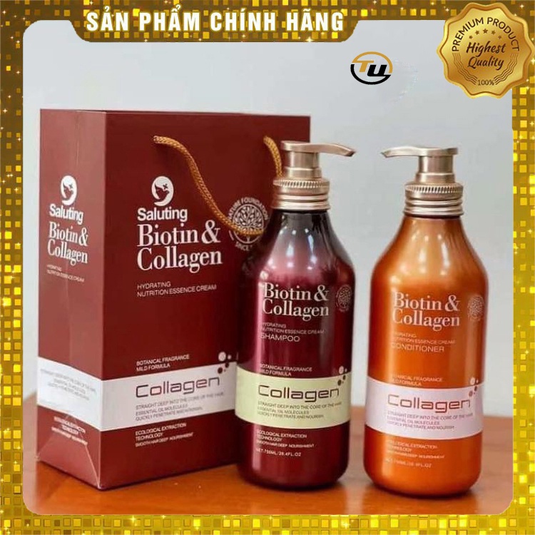 Dầu Gội Dầu Xả BIOTIN COLLAGEN SALUTING 750ML X2 Chăm sóc tóc siêu phục hồi tóc hư tổn. Dầu Cặp Biot