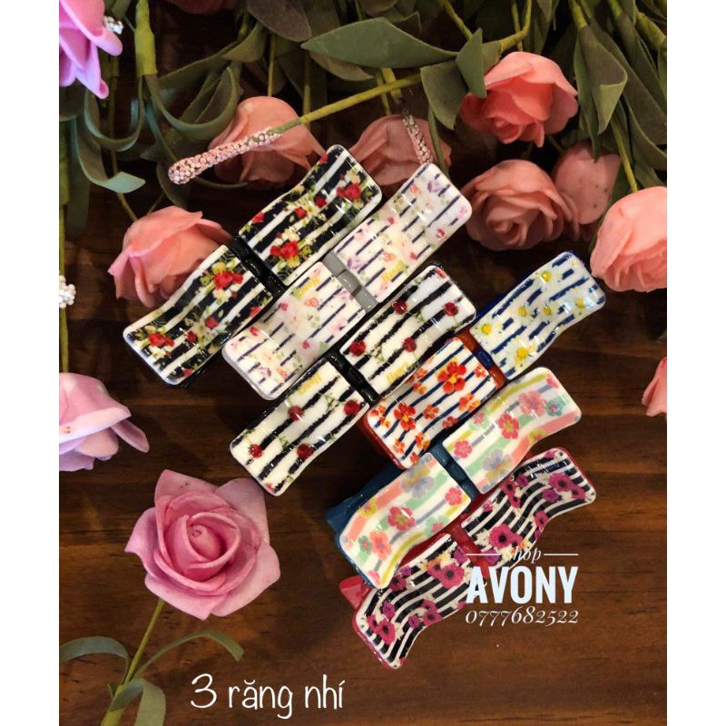 [Nhí] Kẹp tóc càng cua 3 răng sọc in hoa Honey
