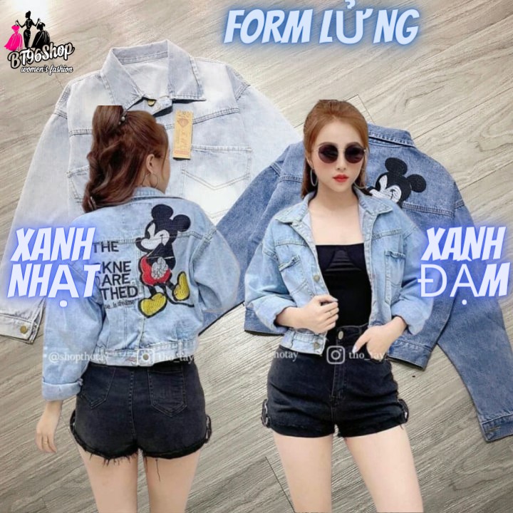 Áo Khoác Jean Cotton Nữ Form Lửng Thêu Hình Chuột Micki Thời Trang Hót 2020 -Hàng Có Sẵn