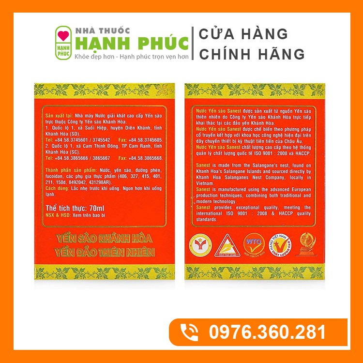 Nước Yến Sào Sanest Khánh Hòa Không Đường Và Có Đường Lọ 70ml