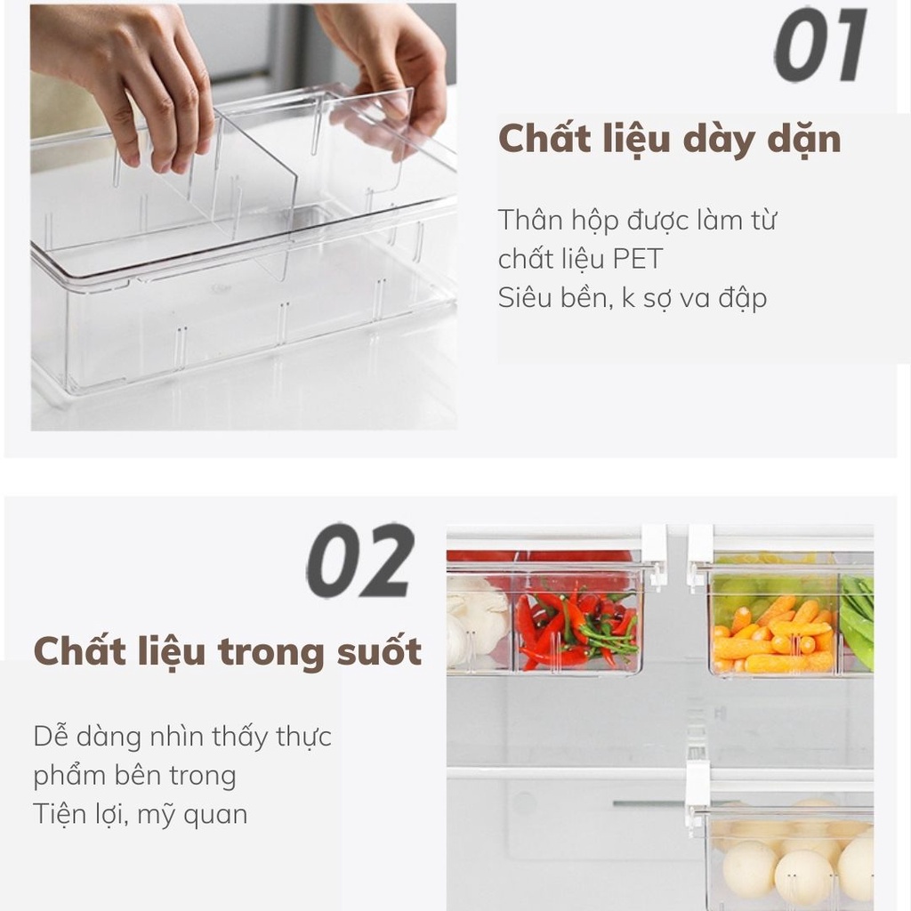 Hộp Đựng Thực Phẩm Có 4 Ngăn Chia Kèm Ray Kéo, Khay Chia Ngăn Kéo Tủ Lạnh Cao Cấp Thông Minh Trong Suốt EC Life 0808