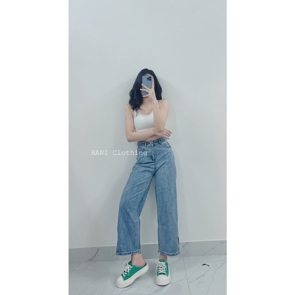 Quần Jeans Xuông Cạp Cao Xẻ Gấu