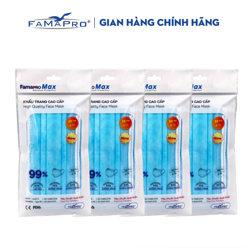 [TÚI-10 CÁI-MÀU XANH] COMBO 4 TÚI Khẩu trang y tế 4 lớp kháng khuẩn cao cấp Famapro max