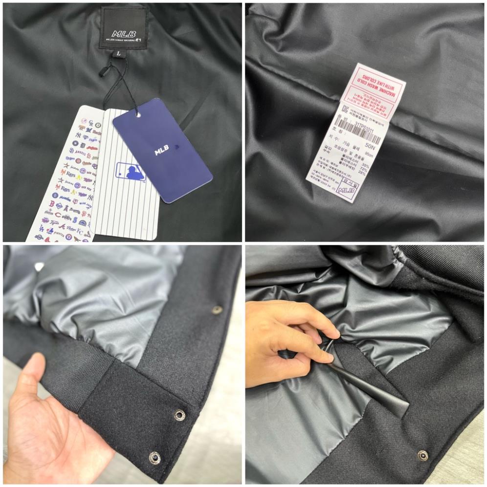 Áo khoác Bomber Varsity M.L.B Ny Thêu Logo Cam form rộng Phối Tay Da