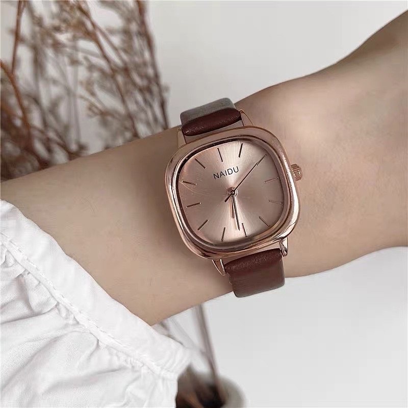 Đồng Hồ Nữ Dây Da Cao Cấp Chính Hãng Naidu Ulzzang Mặt Vuông Thanh Lịch