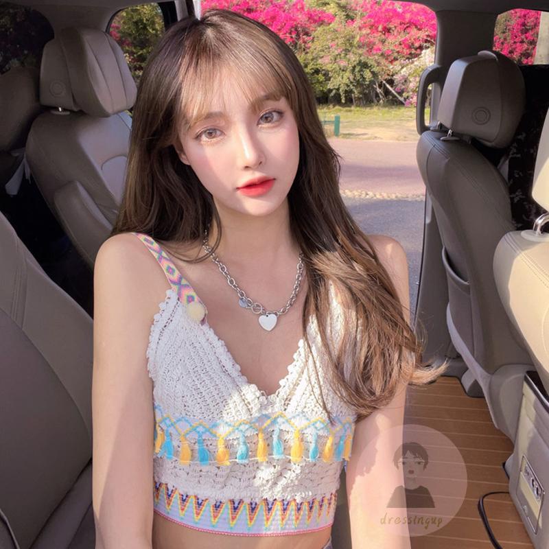 Áo Tank Top Dệt Kim Không Tay Cổ Chữ V Khoét Sâu Phối Tua Rua Phong Cách Bohemian Cho Nữ