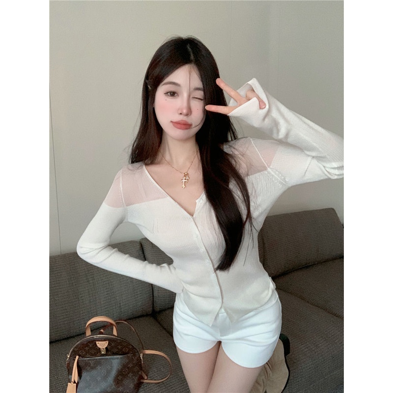 Áo cardigan Dệt Kim Tay Dài Cổ Chữ v Phối Lưới Thời Trang Cho Nữ