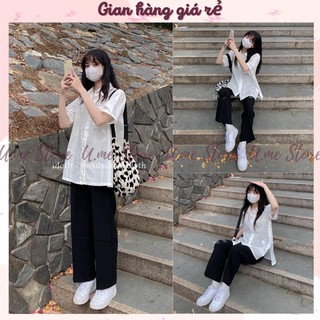 Set áo sơ mi cách điệu xẻ tà 2 bên chất thô lụa mix quần vải suông baggy chất sạn Hàn mịn đẹp Set đồ đi học, đi làm