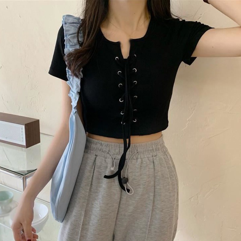 Áo Thun Croptop Dệt Kim Tay Ngắn Màu Sắc Đơn Giản Phong Cách Hàn Quốc Cho Nữ