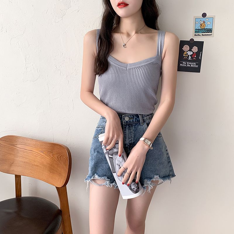 GENAISHA Áo hai dây dệt kim dáng ôm phong cách thời trang mùa hè 0304