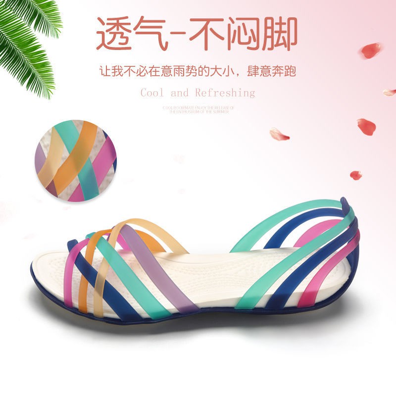 sandal caodép nam▨✚﹍Giày đan lỗ sặc sỡ mùa hè, dép nữ, La Mã, đi biển, vườn hoang dã đế bệt, phi - quai hậu