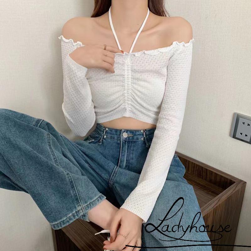 Áo Dệt Kim Ngắn Mỏng Vừa Vặn Cổ Treo Thiết Kế Dây Rút Thời Trang Mùa Thu Mới Cho Nữ