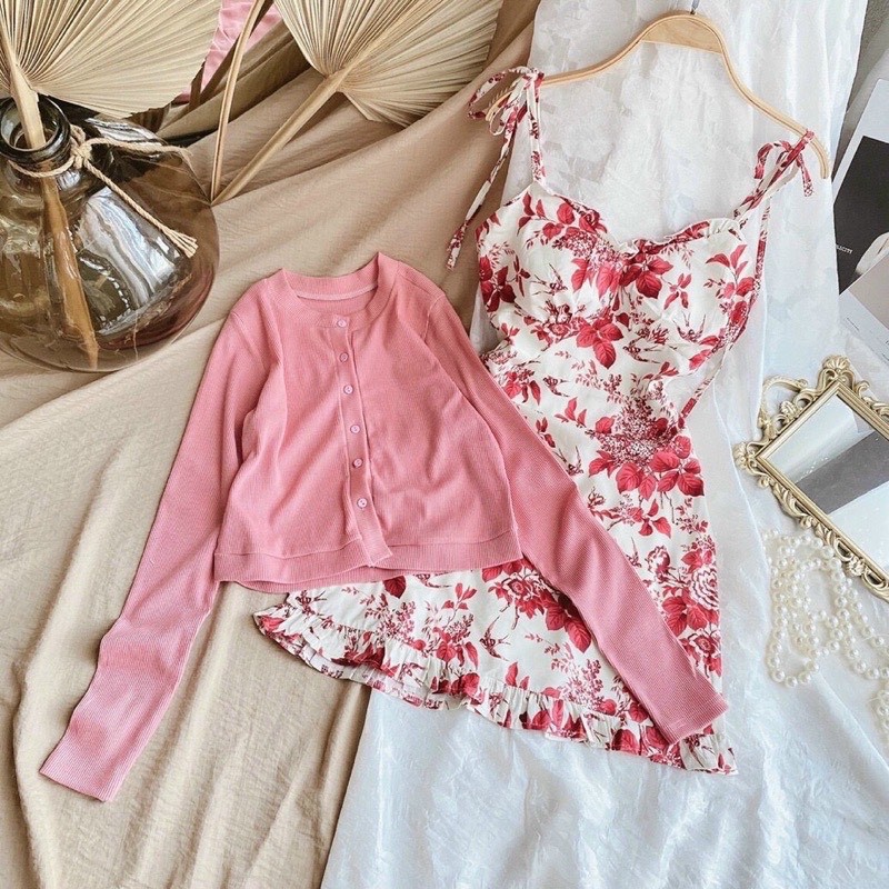❤❤ Siêu phẩm sét váy  dây hoa nhí đỏ cúp ngực , Mix khoác tăm
