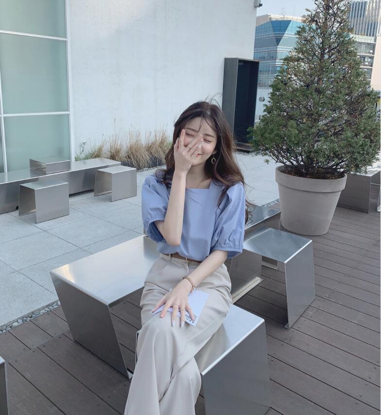 SUXI Áo kiểu cổ vuông tay ngắn phong cách Hàn Quốc thời trang xinh xắn dành cho nữ