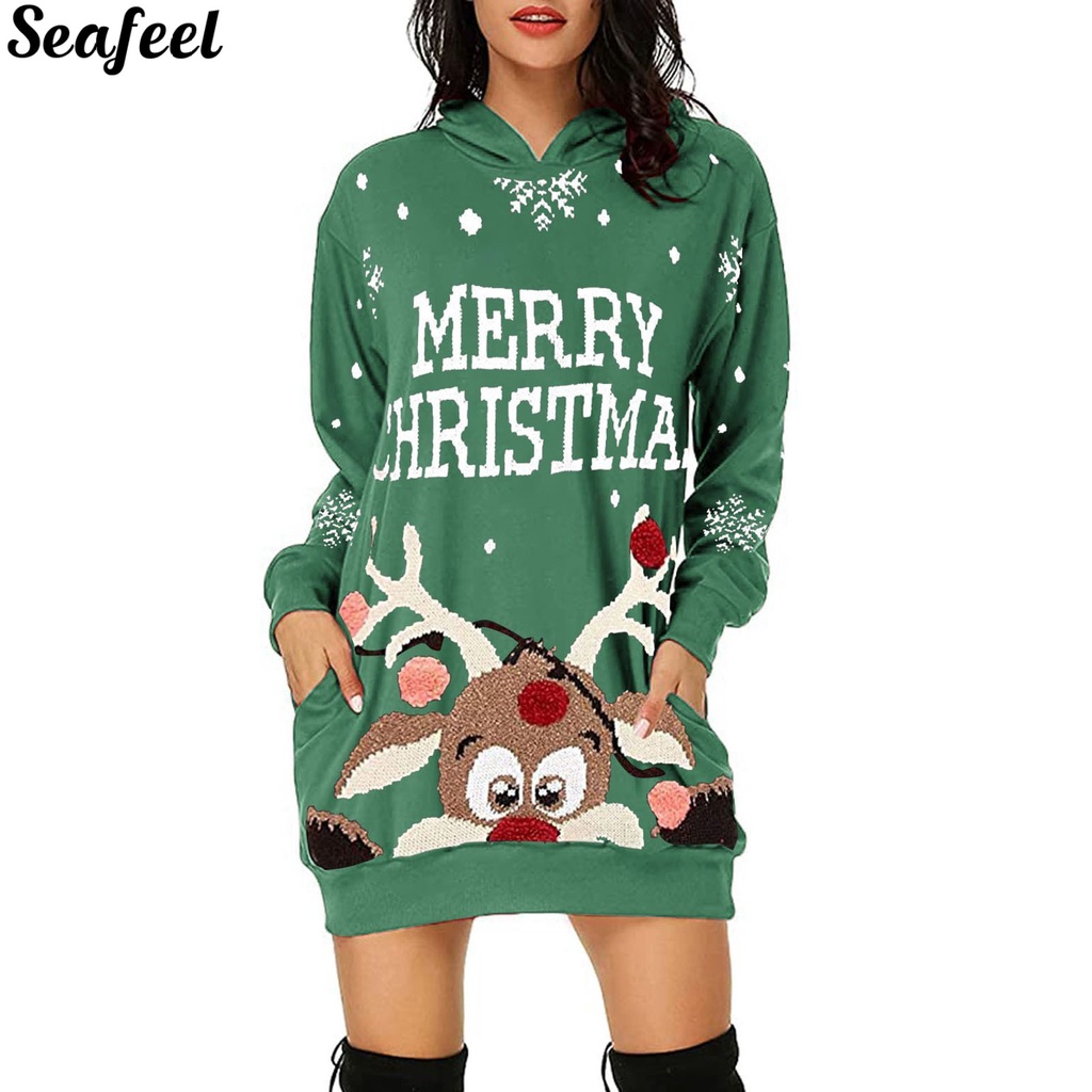 sf_Áo sweatshirt tay dài siêu nhẹ in hình tuần lộc Giáng Sinh