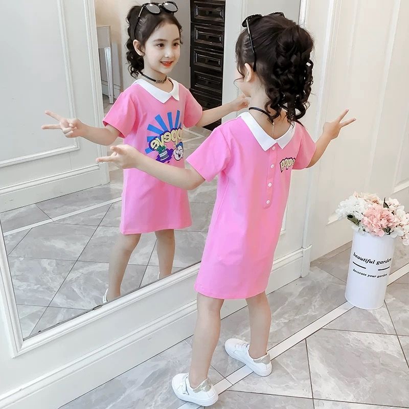 Đầm Thun Tay Ngắn In Họa Tiết Hoạt Hình Dễ Thương Thời Trang Cho Bé Gái