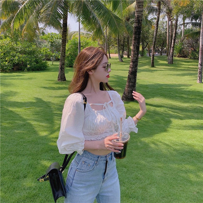 [AMANDA]Áo croptop trắng trễ vai buộc dây cổ, Áo croptop trắng trễ vai bèo sang chảnh nàng thơ phong cách Hàn Quốc [AMAN
