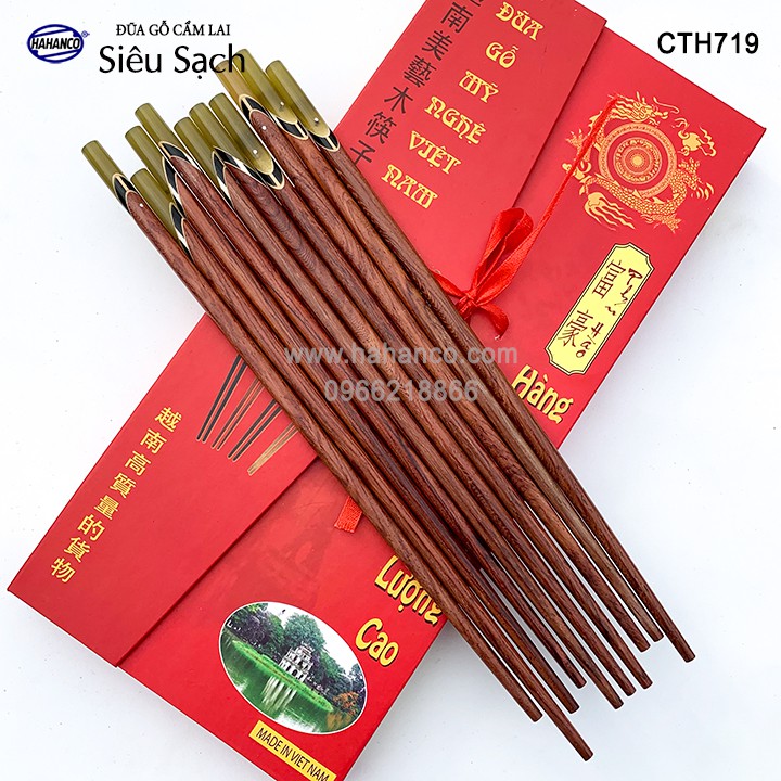 Đũa gỗ Cẩm - đầu cẩn thạch chéo một màu (10 đôi/Hộp) Tặng kèm hộp đẹp làm quà biếu - CTH719 - HAHANCO