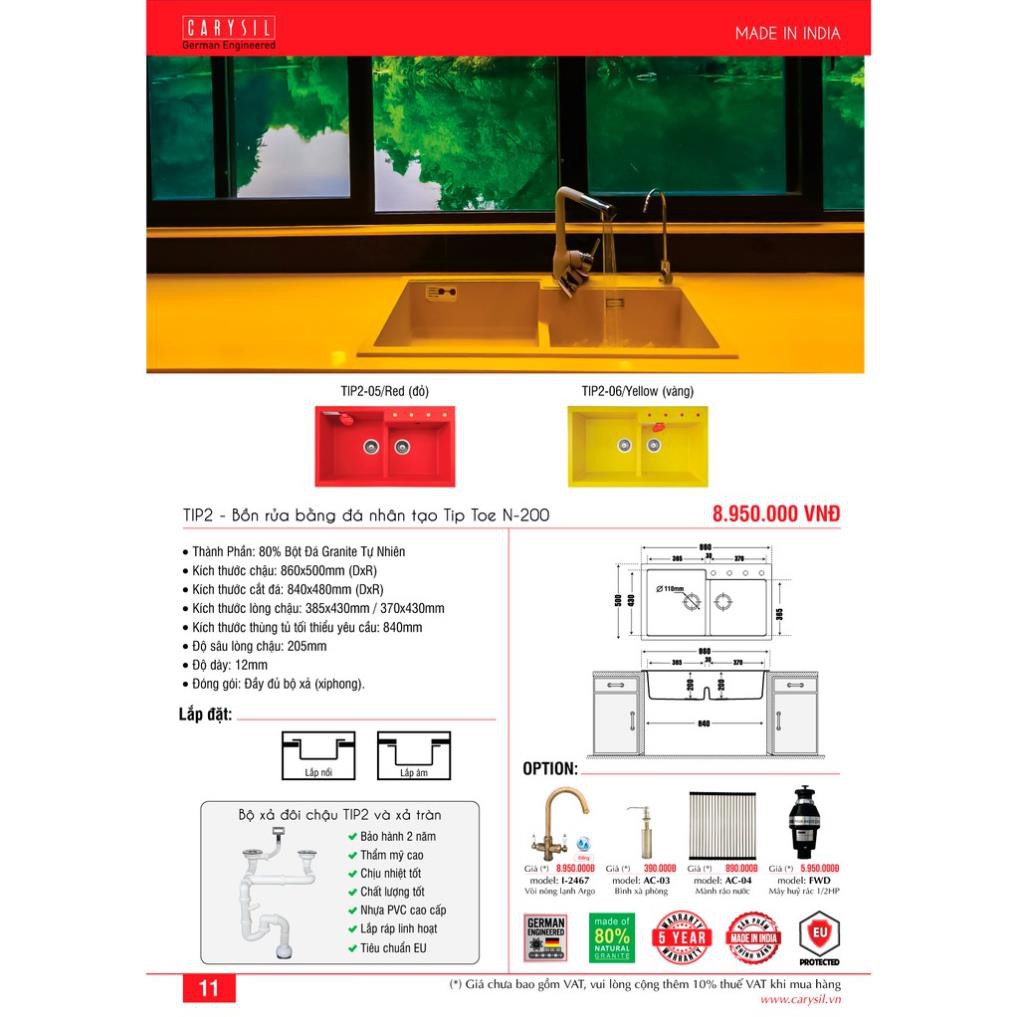 CARYSIL - Chậu Rửa Chén Bằng Đá Granite Màu Đỏ - TIP2-05 - RED - 860x500mm