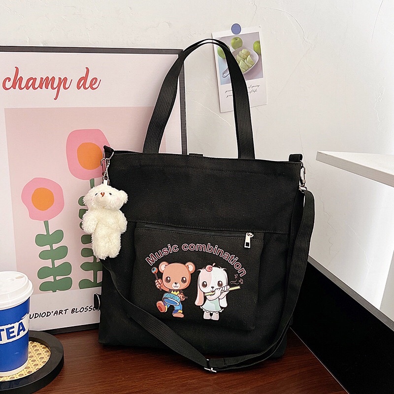 Túi vải tote túi học sinh thời trang hàng đẹp tặng kèm móc gâu dễ thương