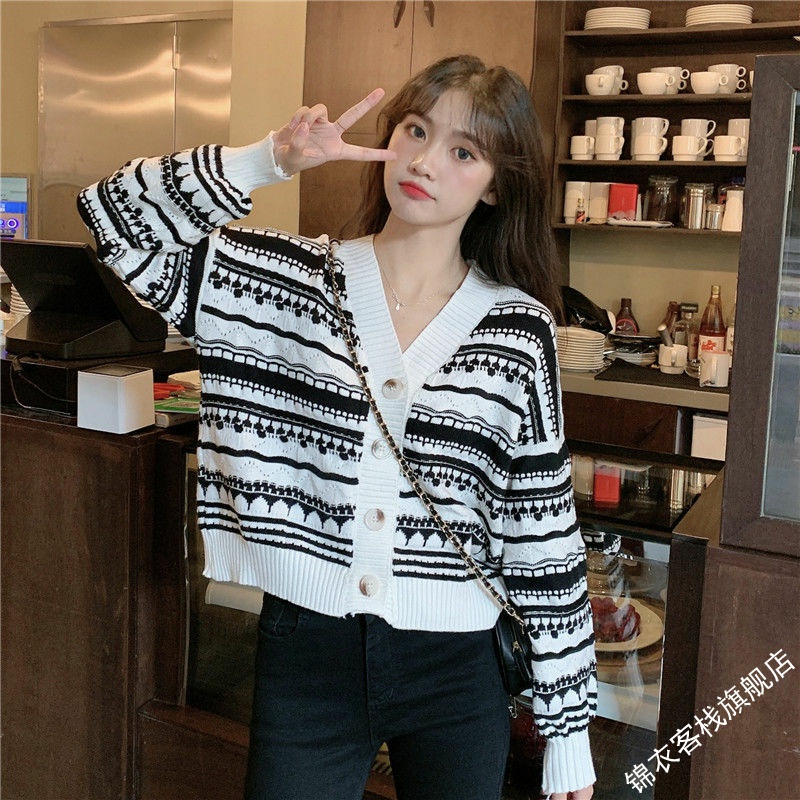 Áo cardigan dệt kim cổ chữ V tay dài họa tiết kẻ sọc trẻ trung cho nữ Unique